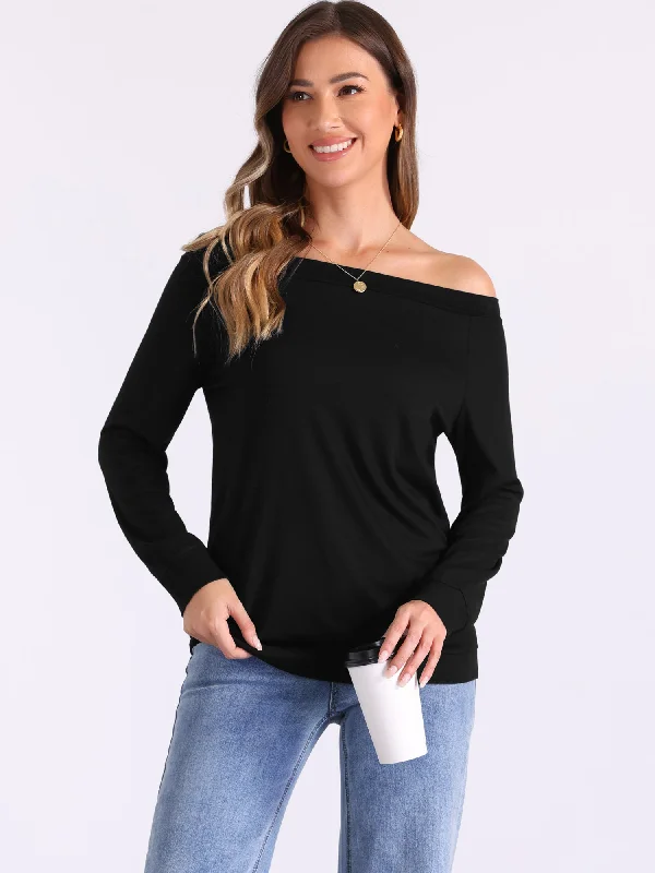 Off Shoulder Stretch Long Sleeve Solid Color Casual Blouse