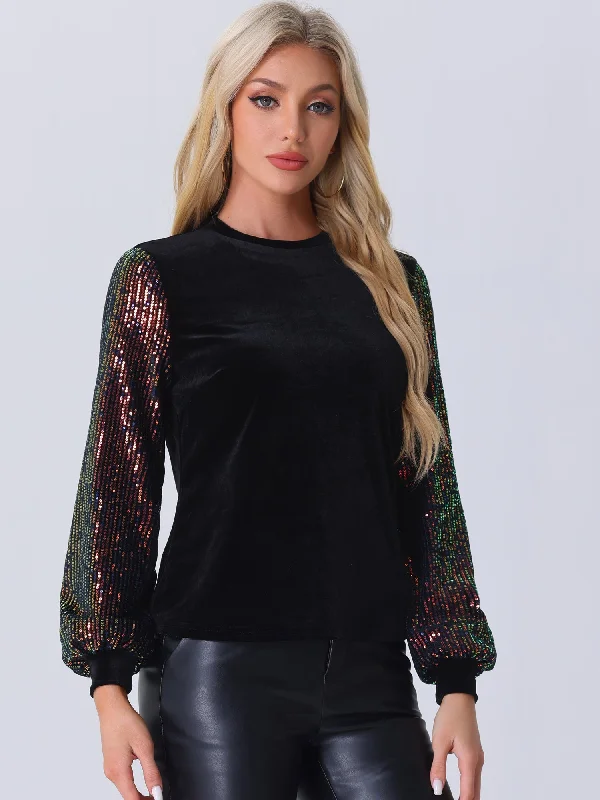 Sequin Long Sleeve Velvet Round Neck Blouse Tops