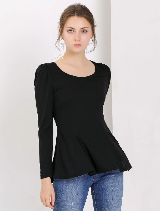 Long Sleeve Scoop Neck Casual Peplum Blouse