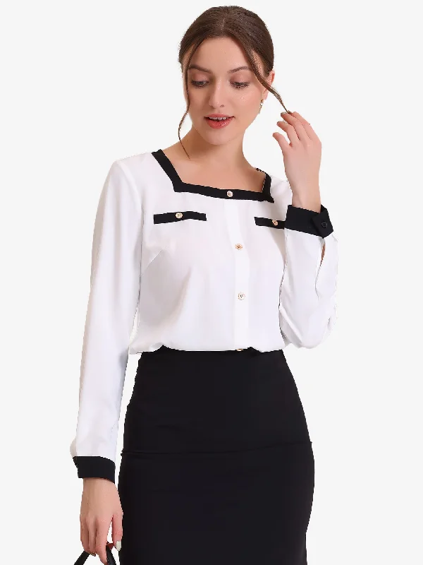 Work Color Block Long Sleeve Career Square Neck Elegant Blouse