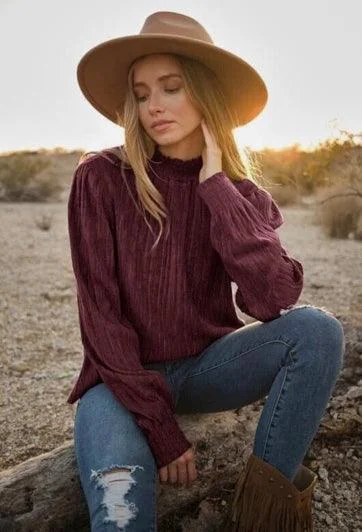 Mock Neck Velvet Burgundy Long Sleeve - LARGE ONLY