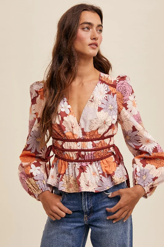 Harmony Long Sleeve Floral Print Top Rust