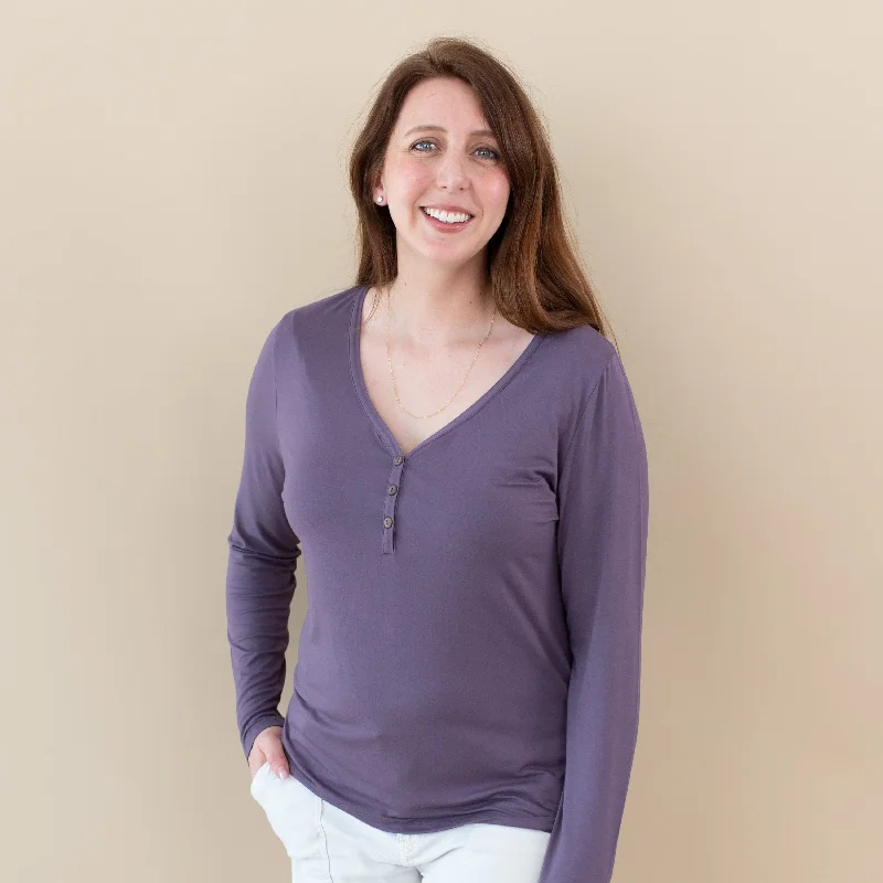 Women's Long Sleeve Henley Tee in Currant