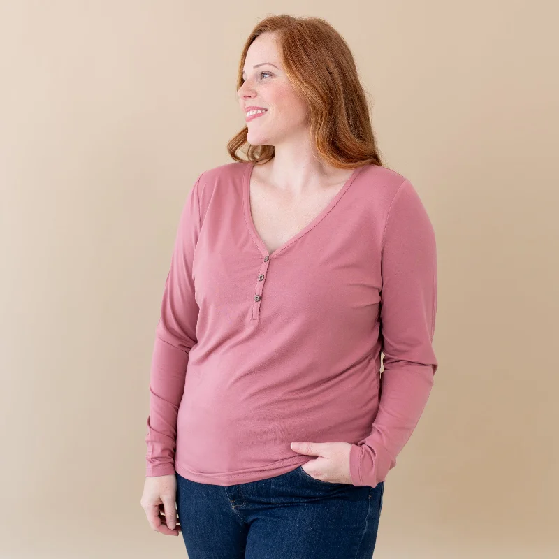 Women's Long Sleeve Henley Tee in Dusty Rose