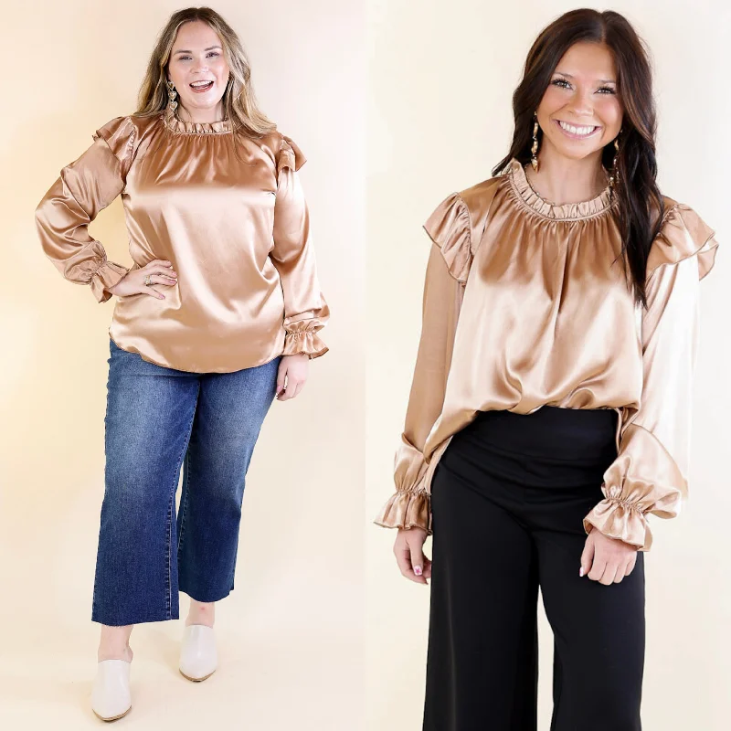 Can't Stop Me Ruffle Mock Neck Long Sleeve Satin Top in Champagne