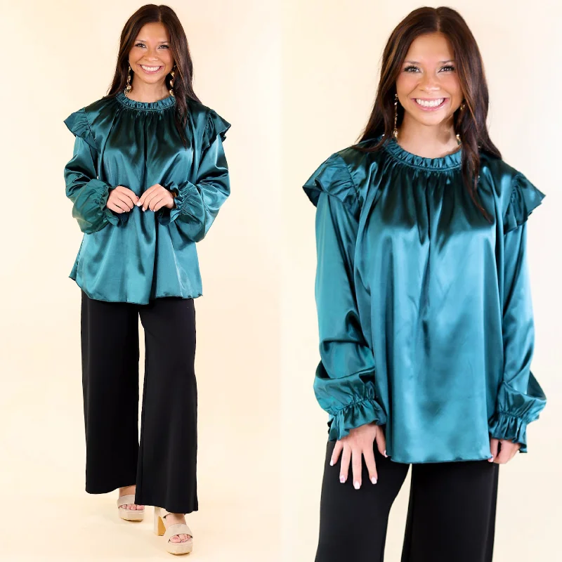 Can't Stop Me Ruffle Mock Neck Long Sleeve Satin Top in Dark Teal