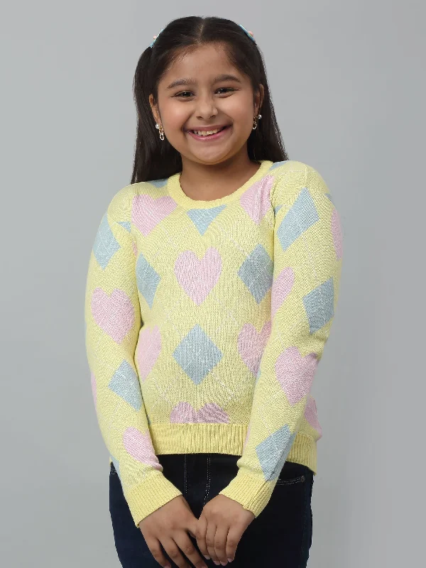 Girls Yellow Acrylic Geometric Print Sweater For Winter