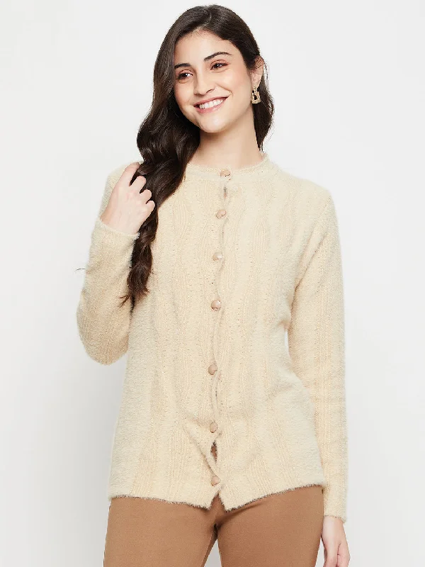 Women's Casual  Beige Round neck Cardigan Sweater