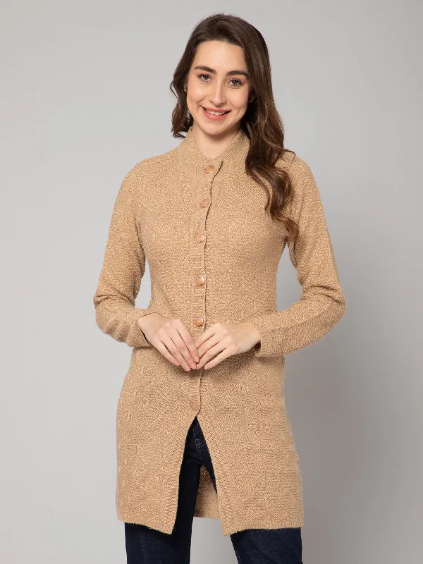 Women's Casual  Beige Round neck Long Cardigan Sweater