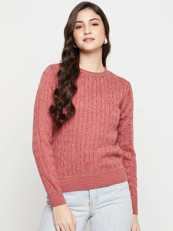 Women's Casual  Dark Pink Round neck Pullover Sweater