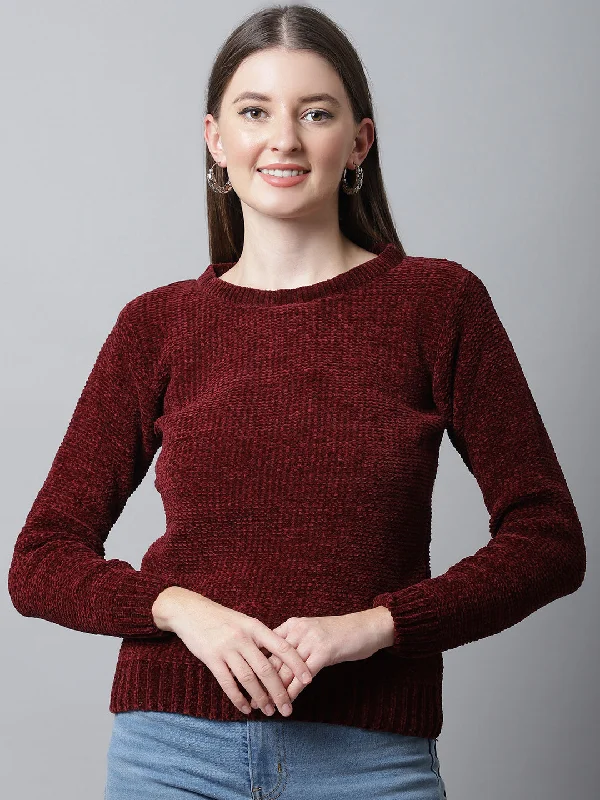 Women's Casual  Maroon Round neck Pullover Sweater