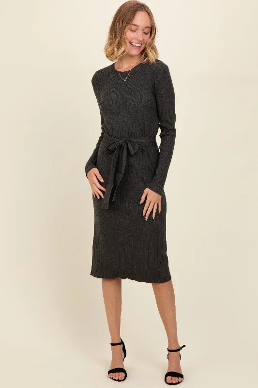 Charcoal Ribbed Sash Tie Midi Sweater Dress