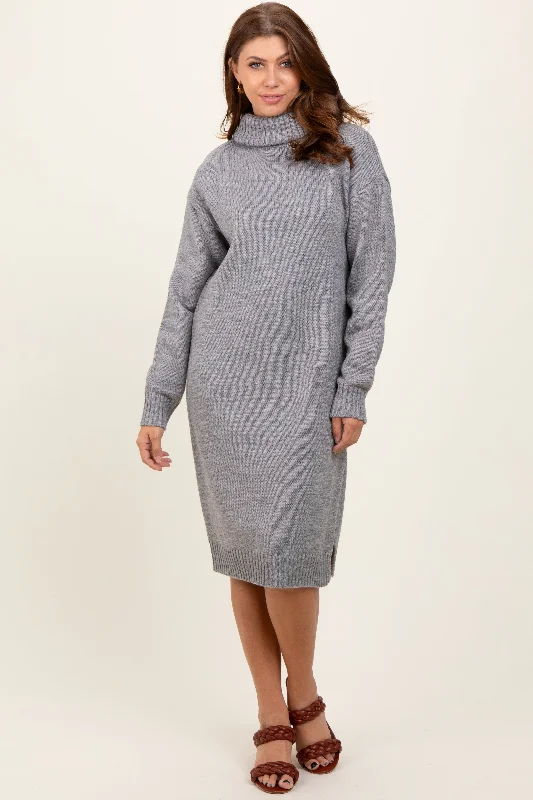 Heather Grey Turtleneck Side Slit Midi Sweater Dress