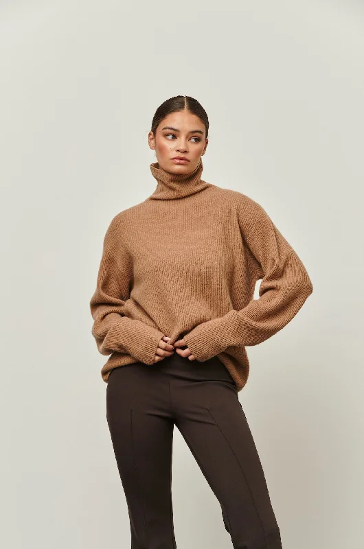 The Logie - Camel Ribbed Cashmere Turtle Neck Sweater