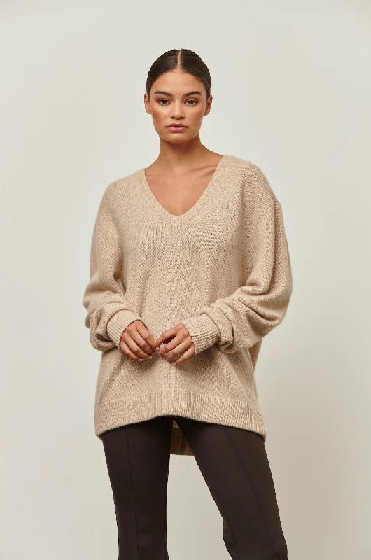 The Lyon - Oatmeal Ribbed Cashmere V-Neck Sweater