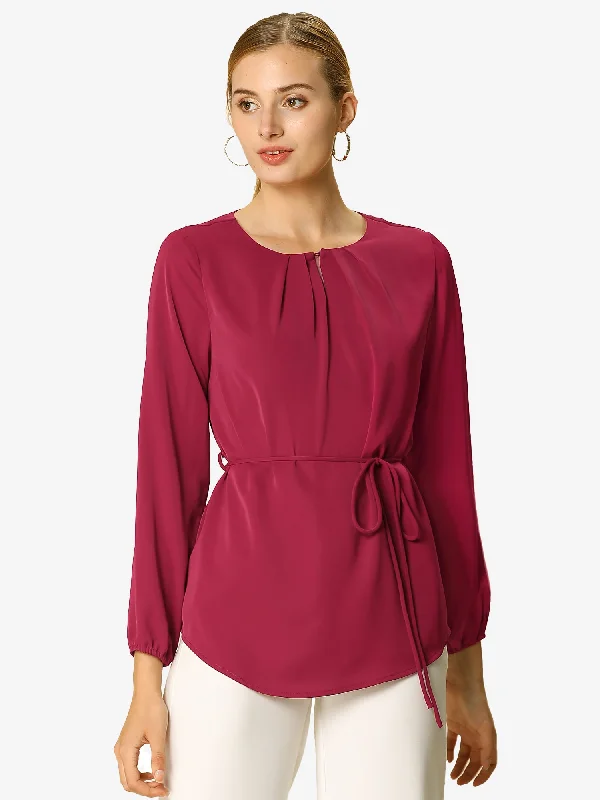 Long Sleeve Peplum Round Neck Solid Belted Waist Pleated Blouse