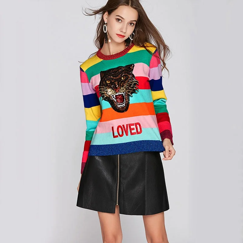 Runway Design Tiger Sequins Embroidered Women Sweater