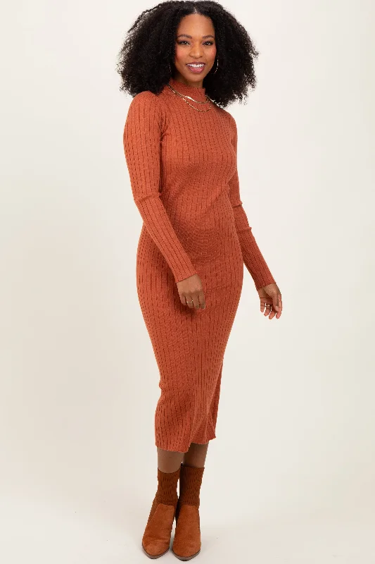 Rust Mock Neck Ribbed Sweater Dress