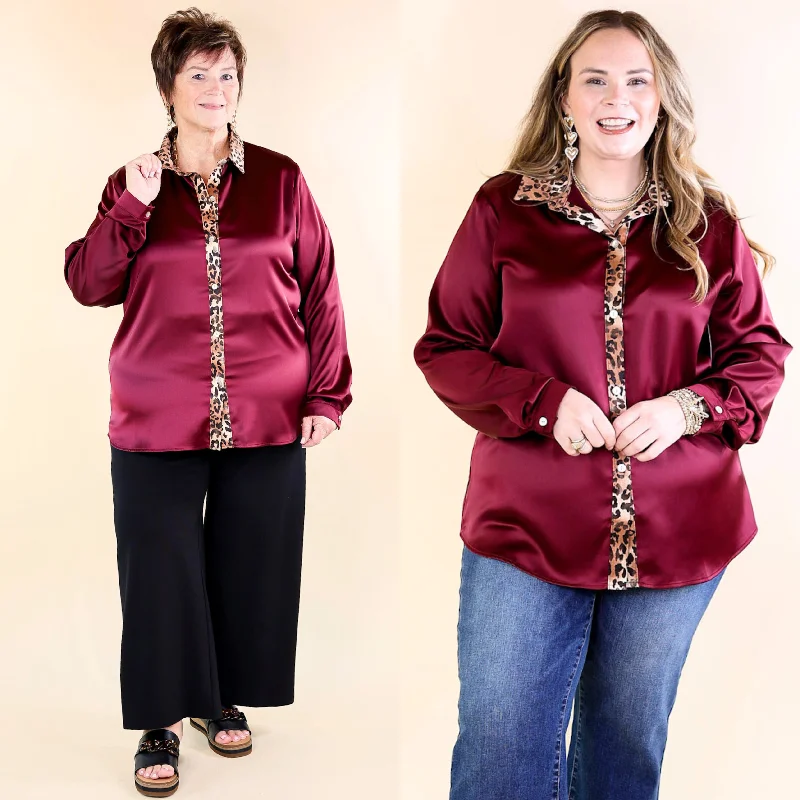 Sugar On Top Long Sleeve Button Up Satin Top with Leopard Print Trim in Maroon