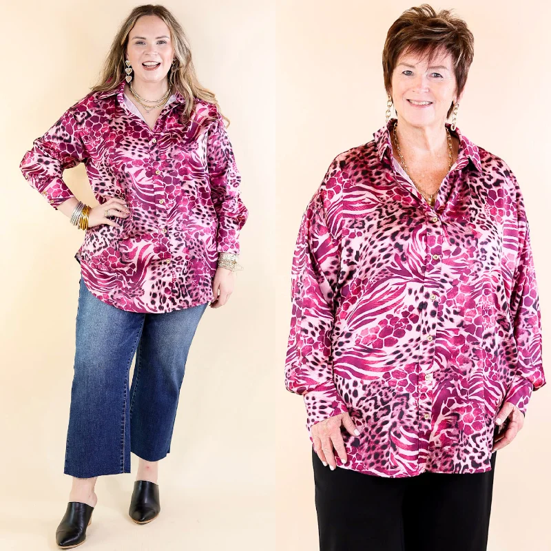 Tell Me Something Good Mixed Animal Print Long Sleeve Button Up Top in Magenta Purple