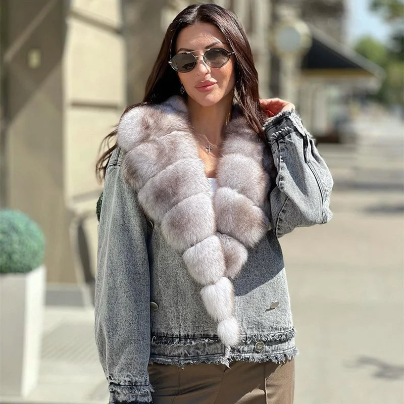 Winter Warm Full Pelt Real Fox Fur Collar Denim Jacket for Women