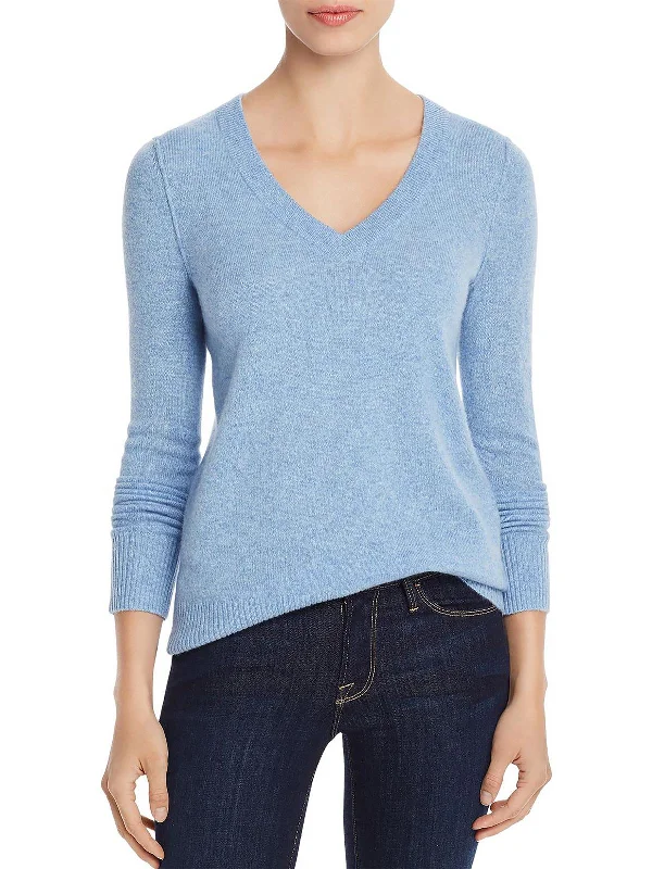 Womens Cashmere Ribbed Trim V-Neck Sweater