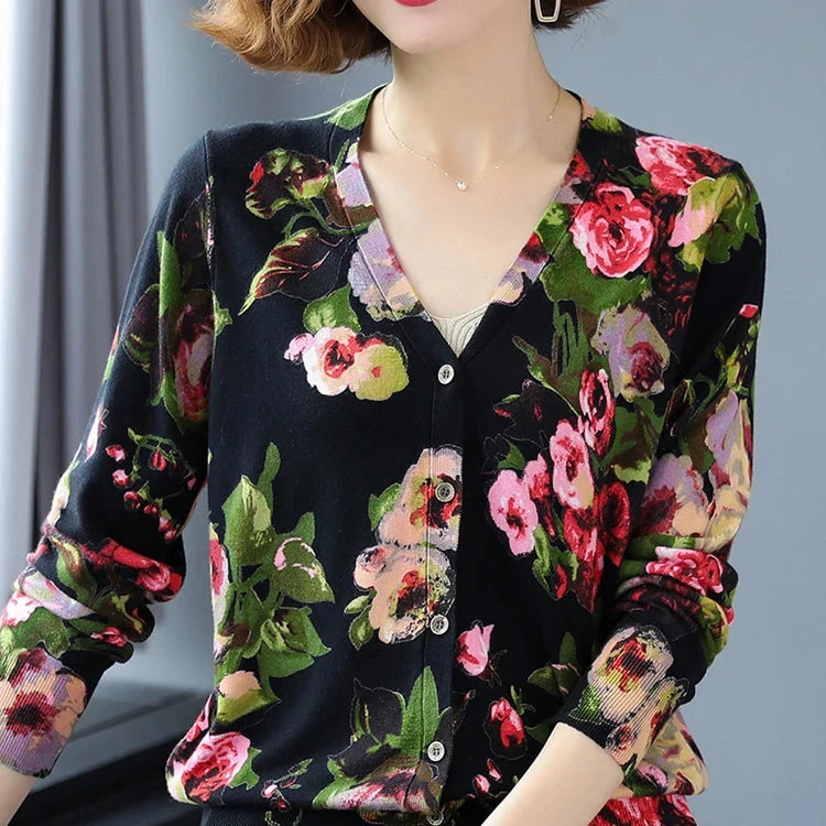 Women's Floral Print Cardigan - Casual Long Sleeve Knitwear, Single-Breasted, High Quality for Autumn