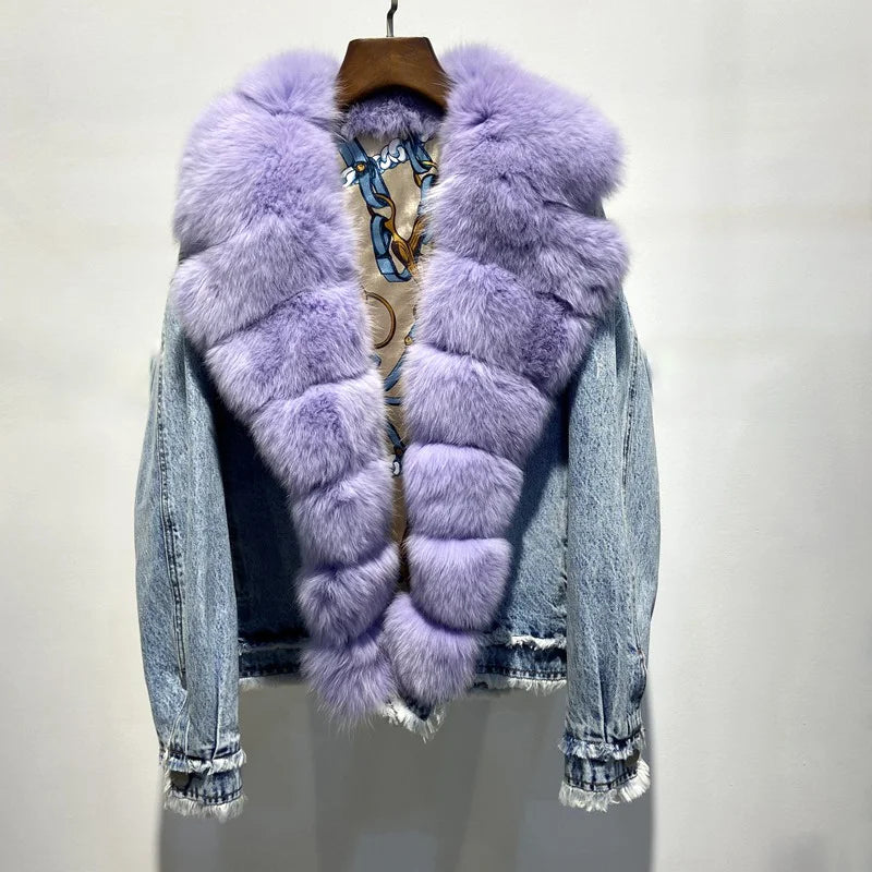 Women's Luxury Warm Winter Denim Jacket with Real Fox Fur Collar