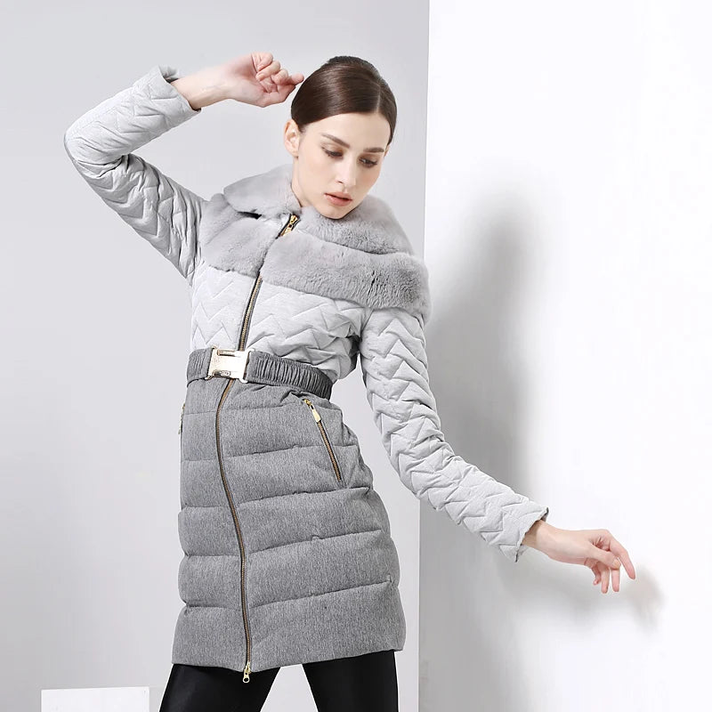 Women's Luxury Winter Rex Rabbit Fur Collar Thick Warm Duck Down Coat