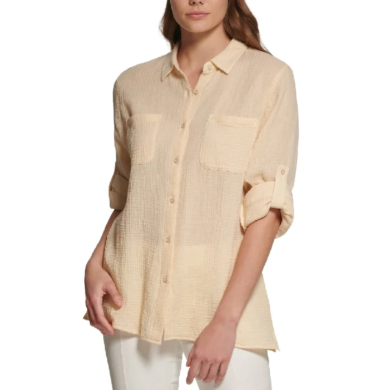 Calvin Klein Women's Cotton Gauze Button Down Shirt Brown Size Large