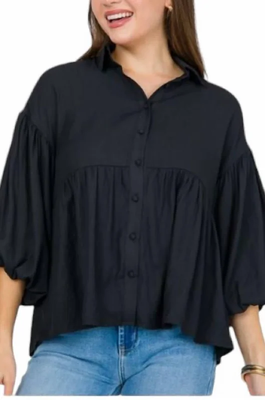 Collared Balloon Sleeve Button Down Shirt In Black