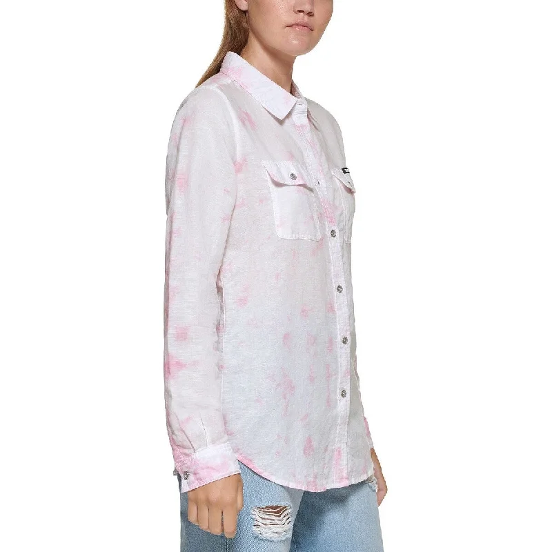 Dkny Women's Printed Button Up Shirt Pink Size Large