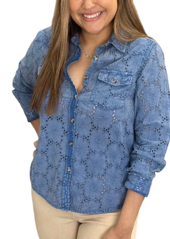 Eyelet Washed Denim Shirt In Blue