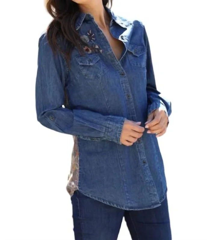 Helene Embroidered Denim Shirt With Paisley Back In Blue