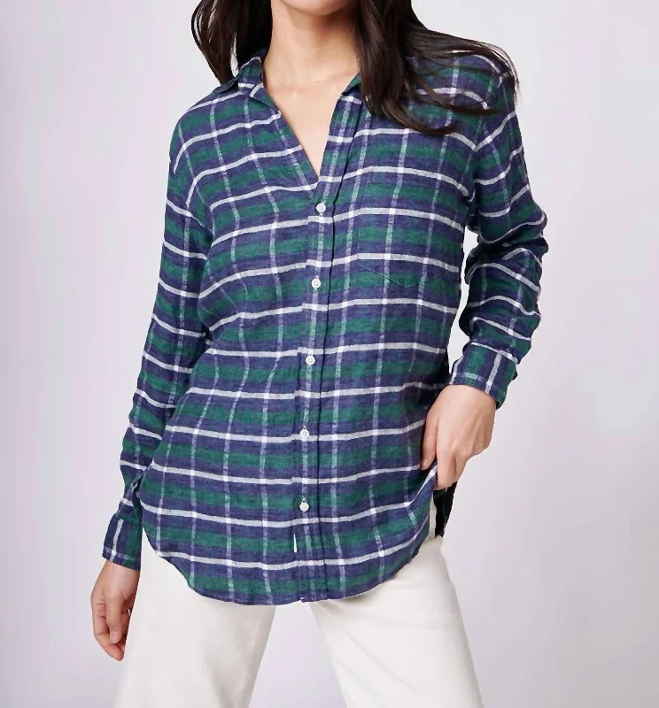 Joedy Boyfriend Button-Up Shirt In Green, Navy, White Plaid