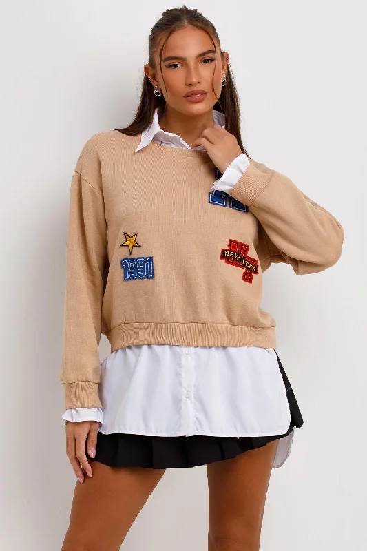 Jumper Shirt With New York Slogan Beige