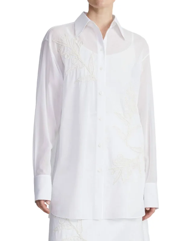 New York Floral Embroidered Oversize Shirt In White