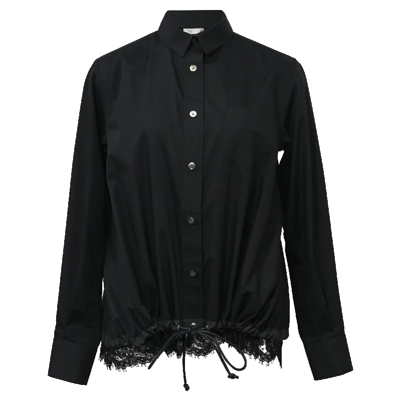 Sacai Long-Sleeved Buttoned with Lace Trim and Drawstring Shirt in Black Polyester