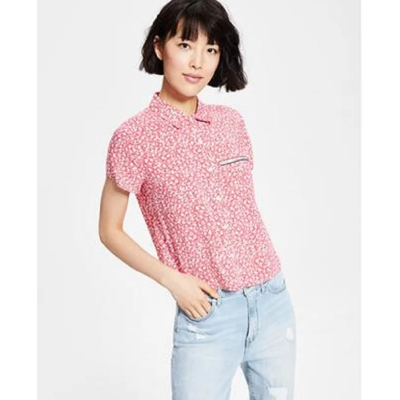 Tommy Jeans Women's Floral Print Button Down Shirt Pink Size X-Small