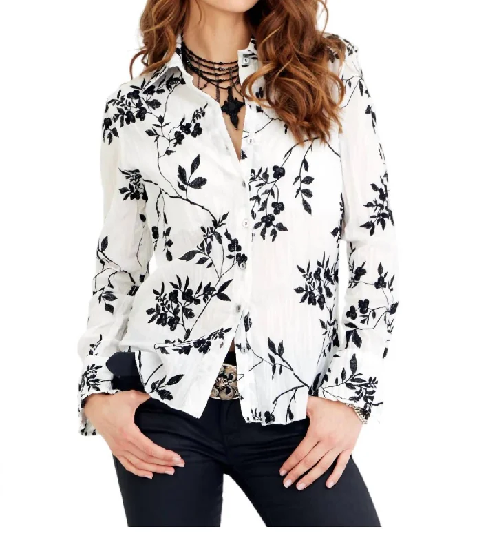 Wisteria Embroidery Button Down Shirt In White