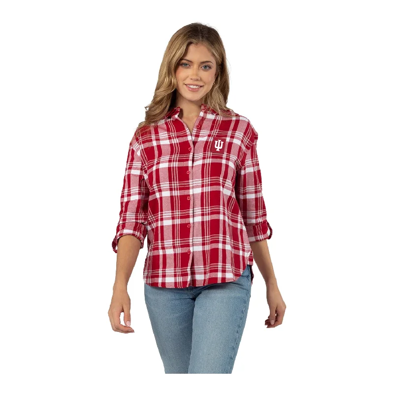 Ladies Indiana Hoosiers Boyfriend Crimson White and Grey Plaid Long Sleeve T-Shirt