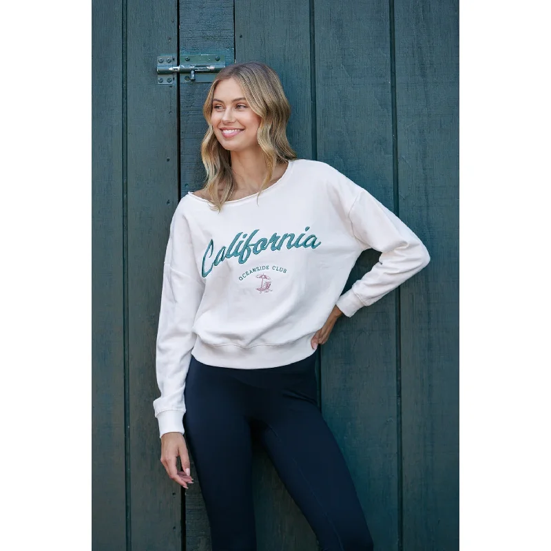 California Embroidery French Terry Off Shoulder Sweatshirts - Cream