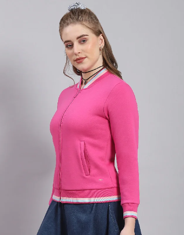 Women Pink Solid Mandarin Collar Full Sleeve Sweatshirt