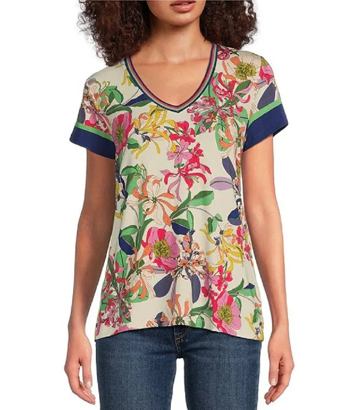 Johnny Was Janie Favorite Aldrich Exotic Floral Print Bamboo Knit Jersey V-Neck Short Sleeve Tee