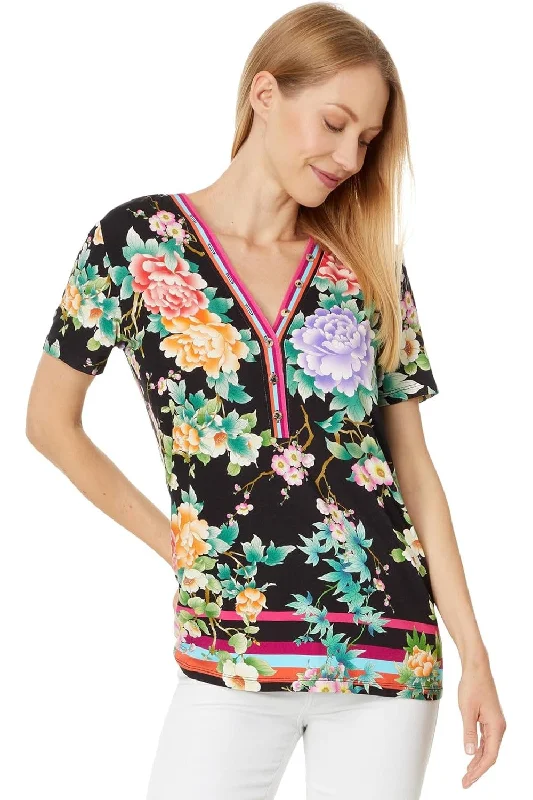 Johnny Was Women's The Janie Favorite Button Neck Tee-Le Jardin Short Sleeve V-Neck