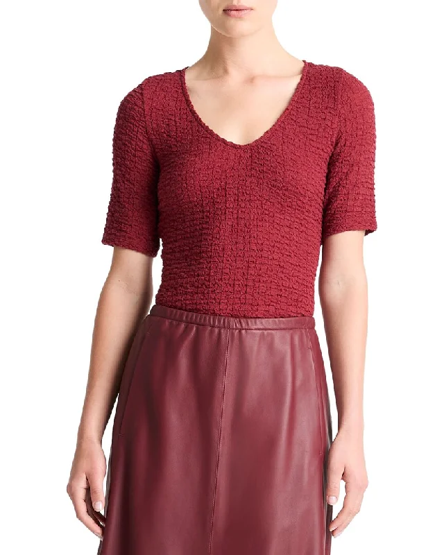 Vince Smocked Elbow Sleeve Soft V-Neck Top