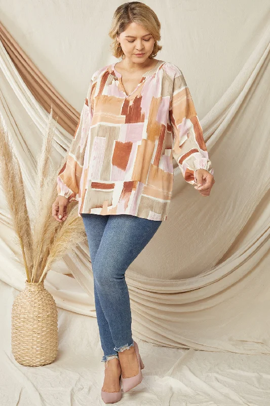 Entro Multi Colored Printed V Neck Long Sleeve Blouse Plus