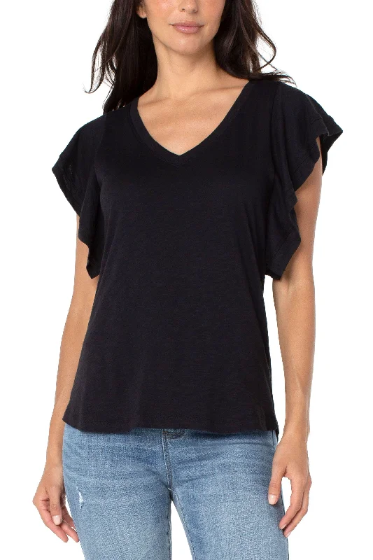 Liverpool Black Flutter Sleeve V Neck Knit Top