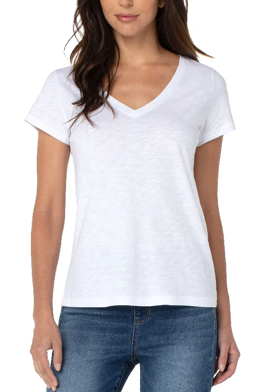 Liverpool Slim Fit V Neckline Slub Knit Tee In White