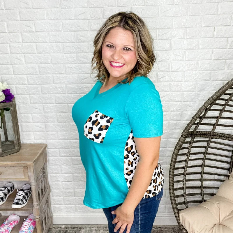 "Nora" Animal Accent V-Neck Pocket Tee (Teal)